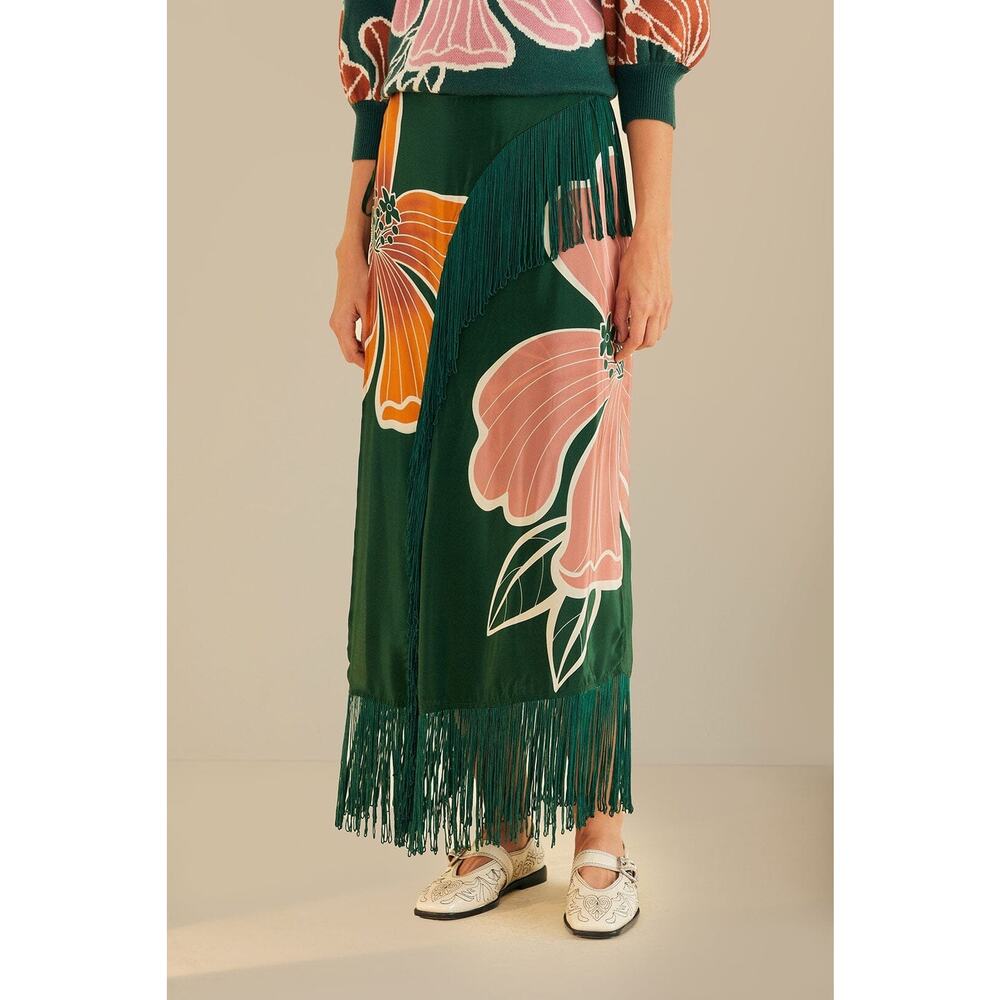Farm Rio Honolulu Green Floral Fringe Wrap Skirt Size L